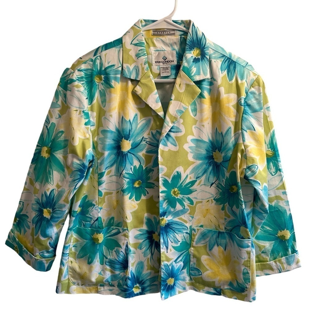 Erin London Floral Open Blazer Womens Petite Large PL 3/4 Sleeves Blue & Green
